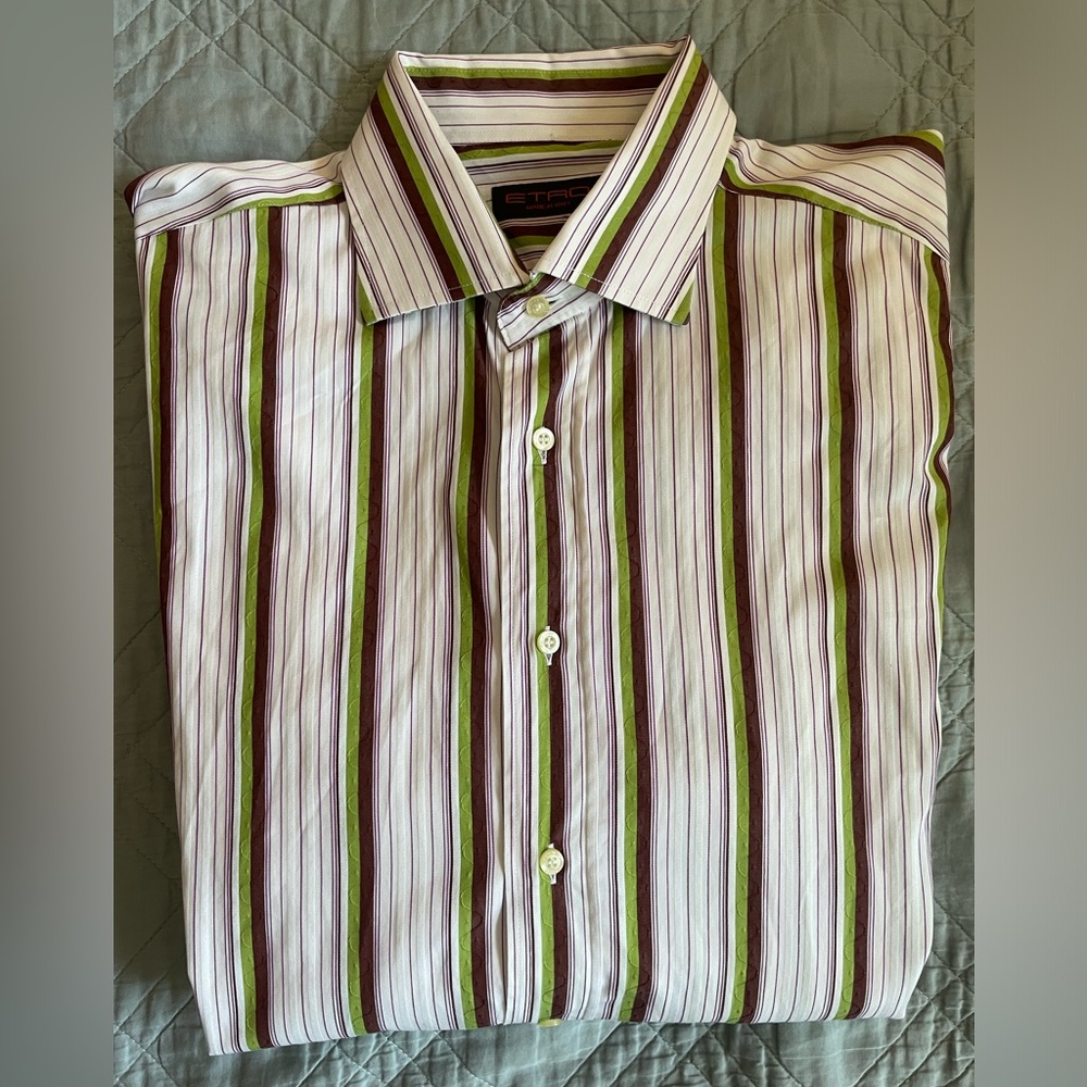 Etro Made in Italy Bold Stripe Print Spread Collar French Cuff Shirt Size‎ 43